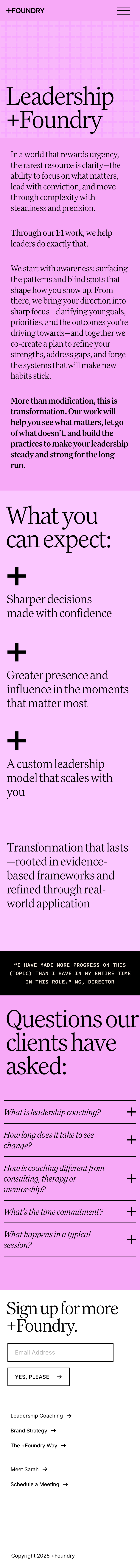 Leadership +Foundry mobile page scrolling through the site